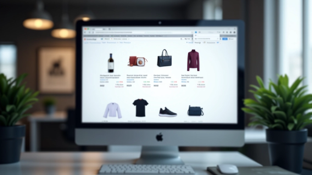 Desktop com interface de loja online mostrando grid de cartões de produtos organizados de forma clara