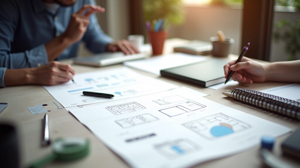 Processo de design de interface, sketches e protótipos em mesa de trabalho, ferramentas de design profissional, espaço criativo
