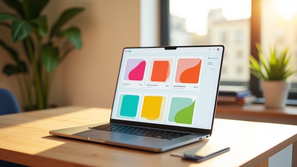 Computador portátil aberto mostrando página de e-commerce com cartões de produto bem organizados, com imagens de alta qualidade e informações estruturadas