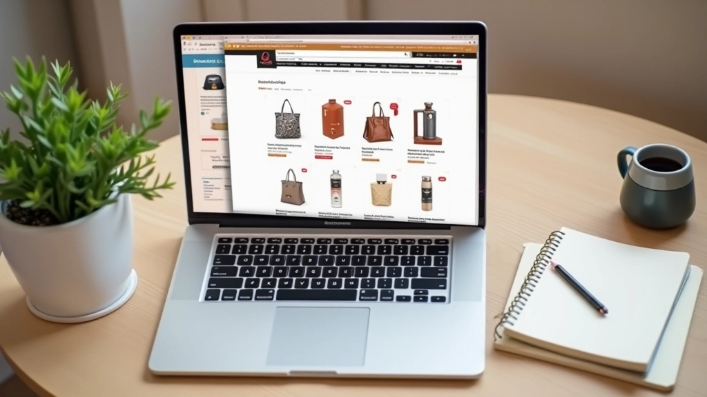 Laptop mostrando interface de loja online com cartões de produtos coloridos e bem organizados